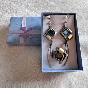 Modern Silver and Gold Geometric Earrings & Ring (sz 8) set